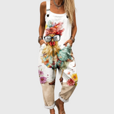 Comfortable Floral Overalls with Chickens